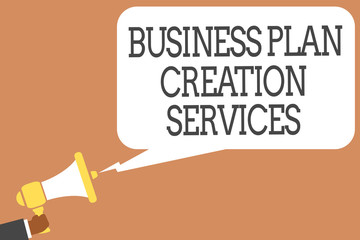 Conceptual hand writing showing Business Plan Creation Services. Business photo showcasing paying for professional to create strategy Man holding megaphone speech bubble message speaking loud