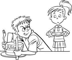 Greedy cartoon boy not wanting to share his cake