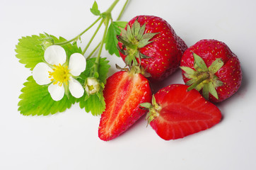 Ripe strawberries and strawberry flowers on a white background