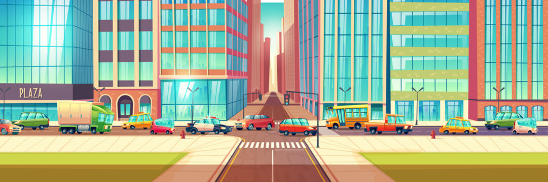 Traffic jam on city streets cartoon vector concept with lots of cars, passenger, cargo, taxi, police vehicles and bus going on road crossing near metropolis skyscrapers illustration. Urban transport