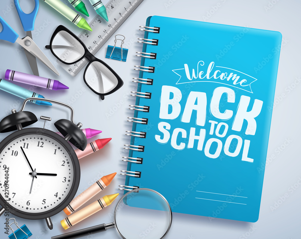 Poster back to school vector design with welcome back to school greeting text writen in notebook with schoo
