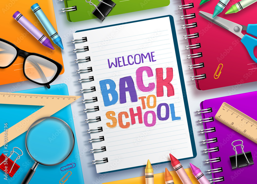 Poster back to school vector concept with colorful notebooks and welcome back to school text written in whi