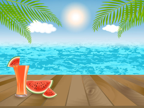 Wooden table with watermelon juice in Summer and vacation time at colorful beach with palm tree and sea. Travelling and journey concept. Vector illustration.