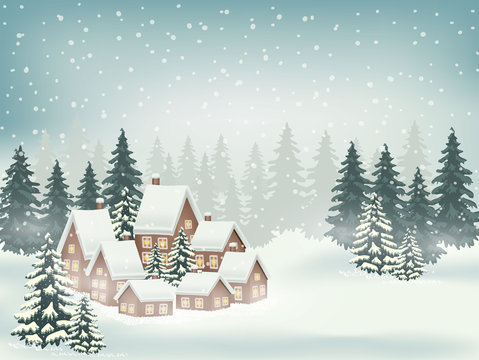 Christmas and happy new year white vector background with snowflake and village in the winter season