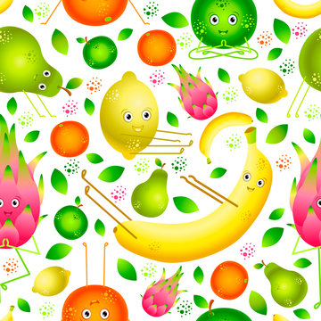 Fruits do yoga. Seamless pattern. Banana, lemon, orange, apple, pear, pitahaya