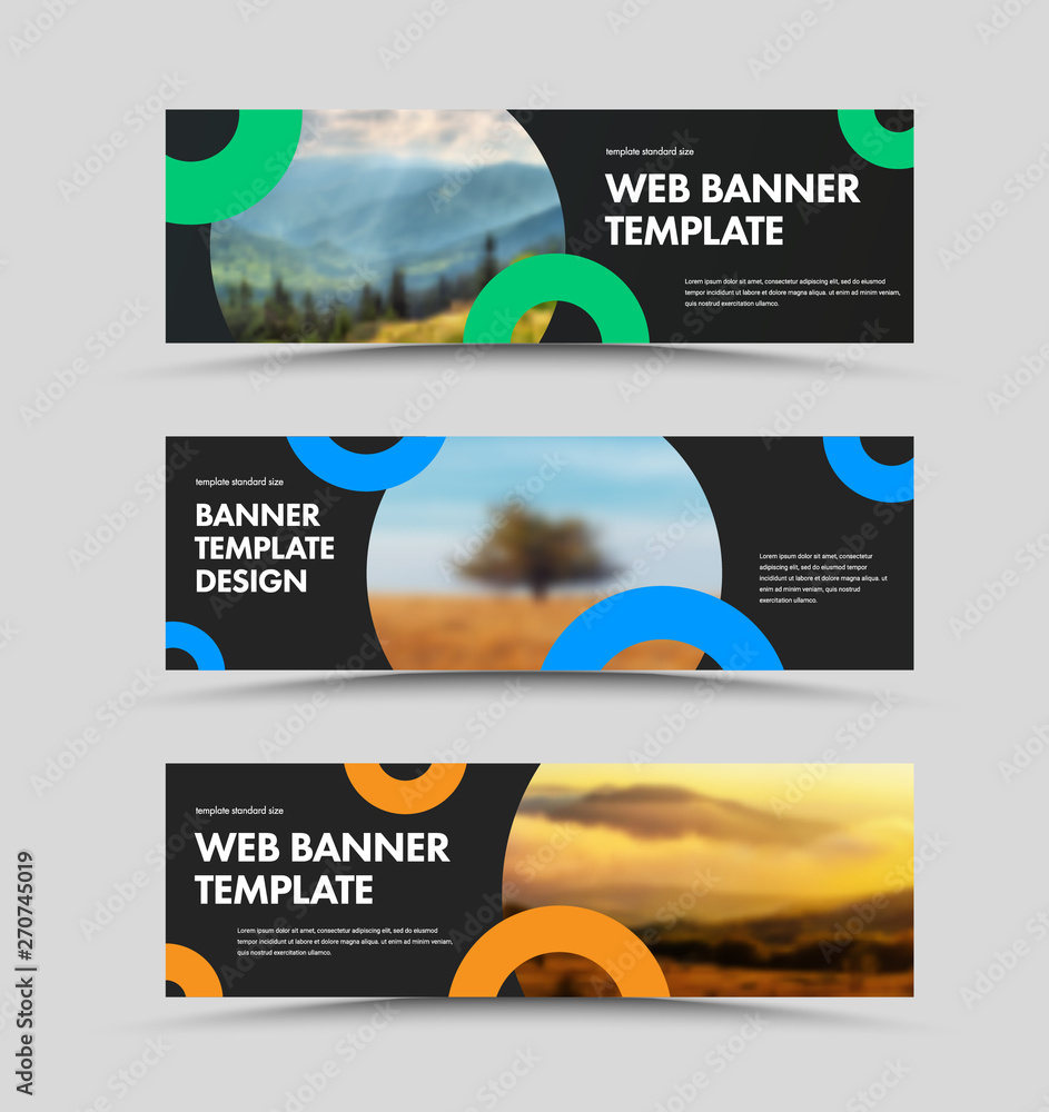 Poster Set of vector black horizontal web banners with round color design elements and place for photo.