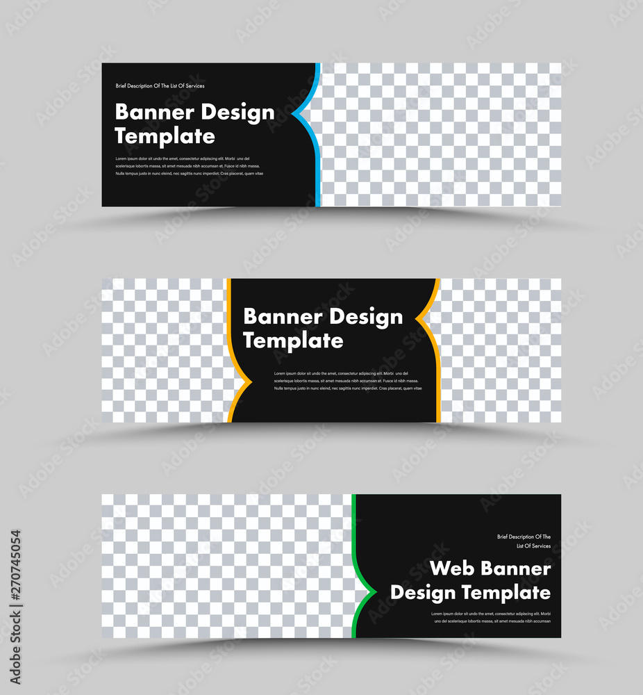 Poster Set of vector black web banners with place for photo and arrow shape with color line.