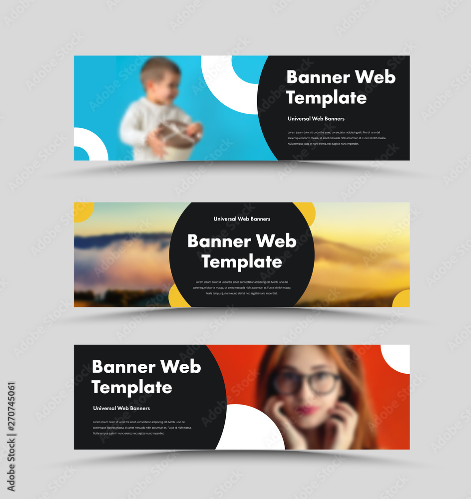 Poster vector black web banners design with place for photo and round elements.