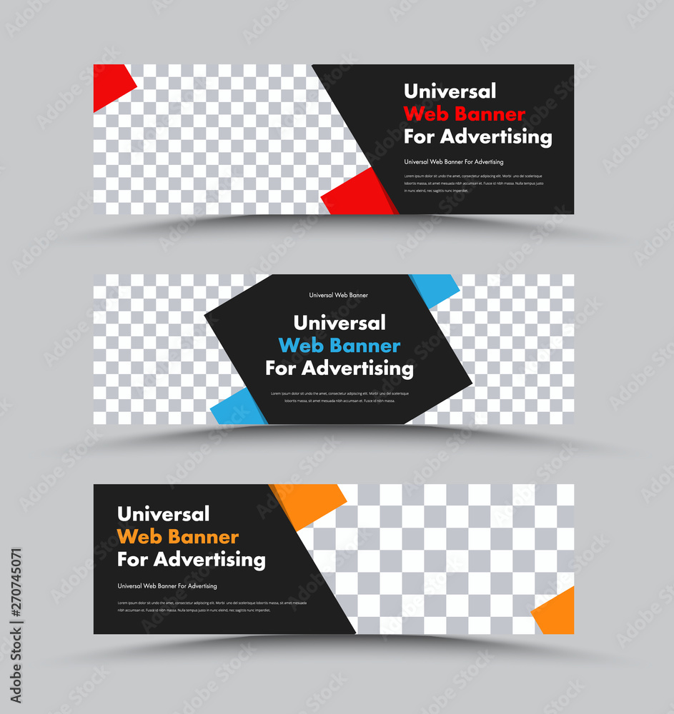 Poster Template of black horizontal web banners with diagonal elements and multi-colored rhombuses. Vector illustration. Design with a place for a photo.