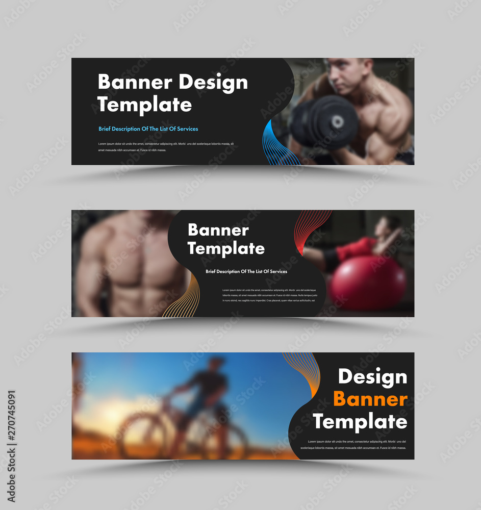 Poster set of horizontal black web banners with space for photos and curved colored lines. universal templa