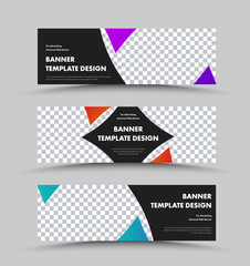 Design of vector black horizontal web banners with curved lines and color rhombuses, place for photo.