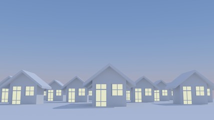 3D rendering illustration: Many of the same houses are crowded on an empty sky background.