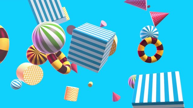 Abstract colorful background with flying or floating simple geometric forms. Multicolored decorative loopable 3d animation. Bright modern motion composition.