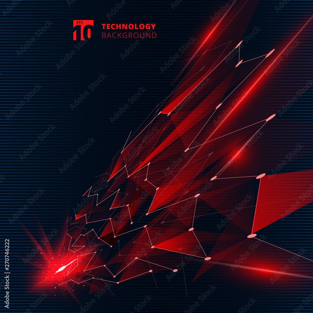 Poster abstract technology red color triangles with lighting effect lines connecting dots structure perspec