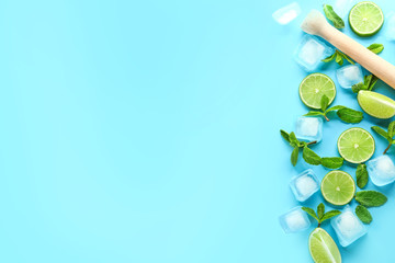 Fresh lime, ice cubes and mint leaves on color background