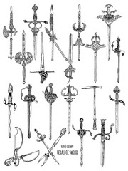 Fototapeta na wymiar Hand Drawn Heraldic Sword Vector design collection