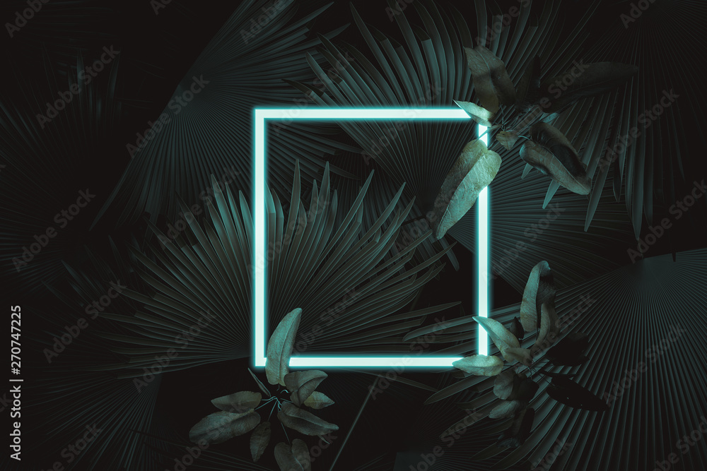 Poster 3d rendering of white square neon light with tropical leaves.. flat lay of minimal nature style conc