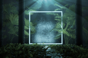 Leuchtender Quadrat Rahmen mit Palmenblätter und Baumstämmen. 3D Rendering