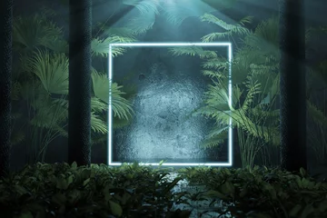Fototapeten Leuchtender Quadrat Rahmen mit Palmenblätter und Baumstämmen. 3D Rendering © Brilliant Eye