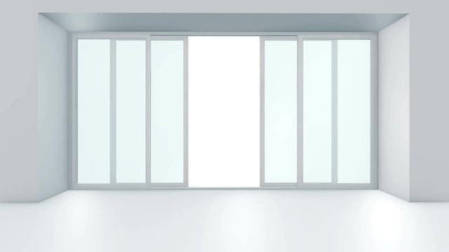 Double Sliding Automatic Glass Doors In Clean Interior. Entrance Or Exit To Supermarket, Train Station Or Office. Realistic 3d Animation With Alpha Channel.