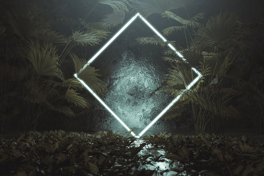 Fototapeta 3d rendering of blue lighten square shape with light beam surrounded by palm leaves