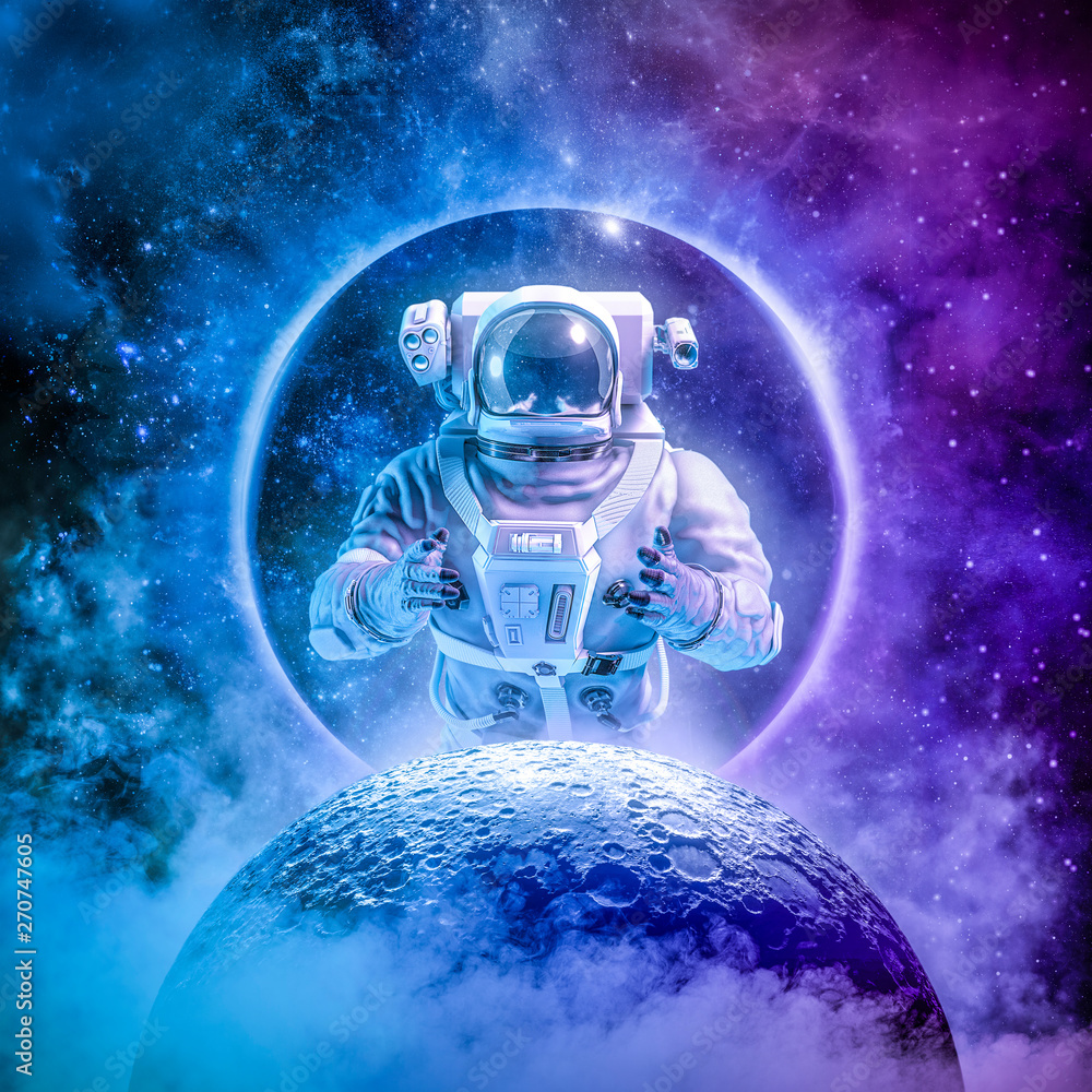 Wall mural alone in the final frontier / 3d illustration of science fiction scene with astronaut rising above m