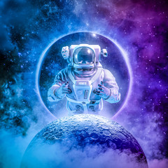 Alone in the final frontier / 3D illustration of science fiction scene with astronaut rising above moon surrounded by glowing galaxies in space © grandeduc