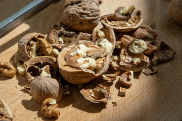Walnut split half on a cutting board among the fragments