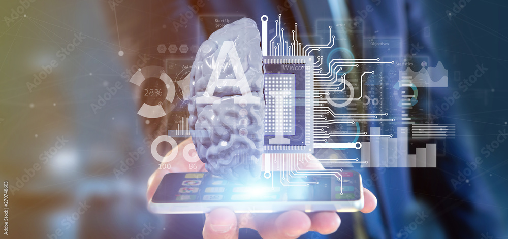 Poster business man holding artificial intelligence icon with half brain and half circuit 3d rendering