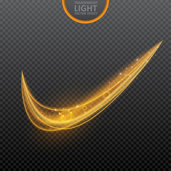 Golden light effect on transparent background with realistic sparkles. Magic light. Glowing swirl light effect. Vector Illustration