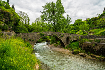 Montenegro, Old stone bridge named stari most na ribnici over river ribnica in green forest in capital city podgorica