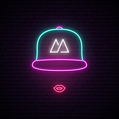 Girl with baseball cap neon sign. Bright neon emblem. Vector illustration.