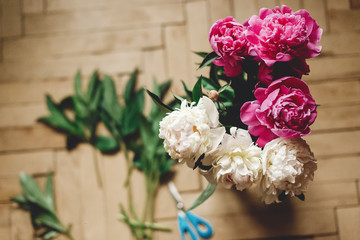 Beautiful pink and white peonies on rustic wooden floor with old glass jar and scissors, top view. Floral decor and arrangement. Gathering flowers. Rural still life, countryside flowers