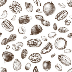 Seamless pattern with hand drawn edible nuts