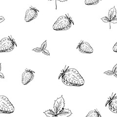 Strawberry pattern. Isolated hand drawn black berries on white background. Seamless sketch wallpaper.	
