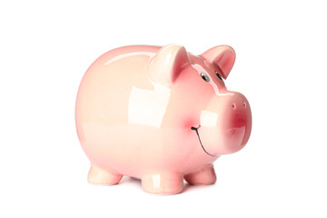 Happy piggy bank isolated on white background. Finance, saving money