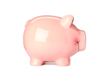 Happy piggy bank isolated on white background. Finance, saving money