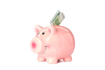 Happy piggy bank with money isolated on white background. Finance, saving money
