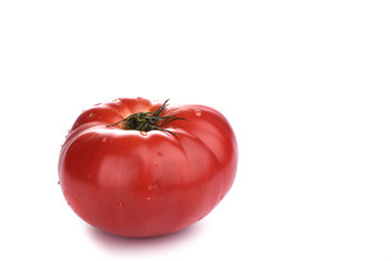 Ripe big tomato with water drops isolated on white background.