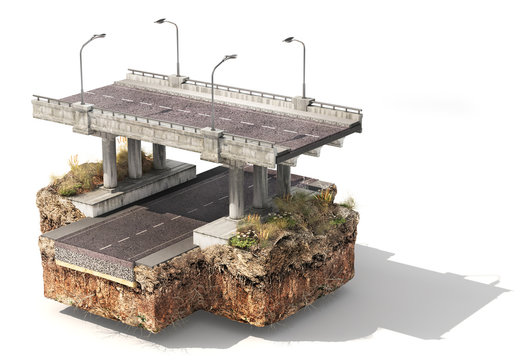Piece of road with bridge over road. 3d illustration