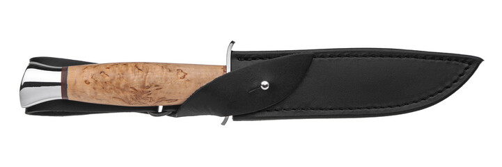 Hunting knife with wooden handle and leather case isolated on white