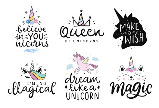 Unicorns vector cute hand drawn lettering poster templates set
