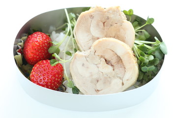 Chinese food, steamed chicken and rice with strawberry