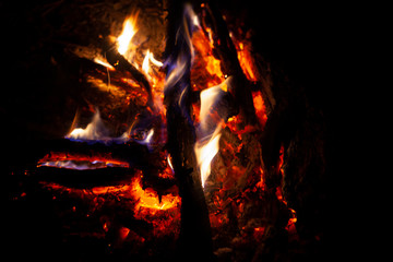 Flame bonfire. Open fire at night. Bonfire at night. Tourists are burning a fire. The fire is...