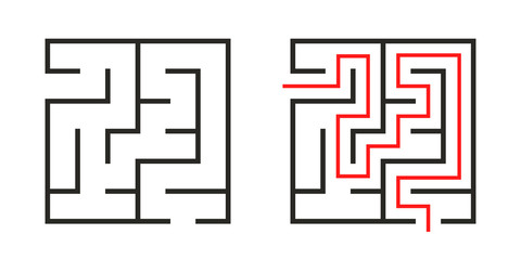 Education logic game labyrinth for kids. Find right way. Isolated simple square maze black line on white background.  With the solution. Vector illustration.