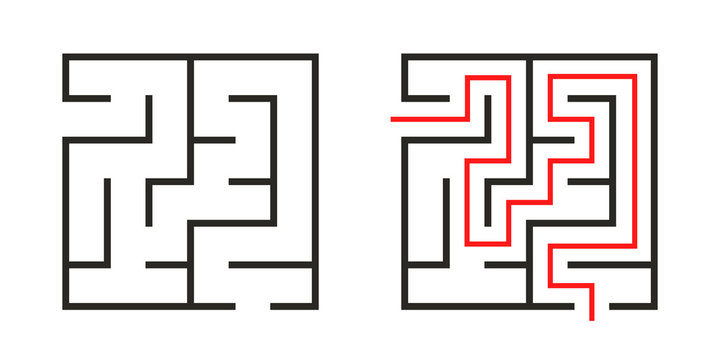 Education logic game labyrinth for kids. Find right way. Isolated simple square maze black line on white background.  With the solution. Vector illustration.