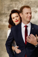 Bride and Groom on Wedding Day in city.