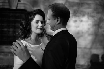 Bride and Groom on Wedding Day in city.