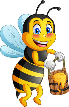Cartoon bee carries honey. vector illustration
