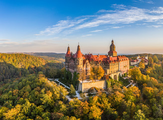 Zamek Książ at sunrise autumn colours - obrazy, fototapety, plakaty